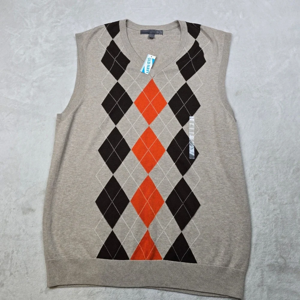 Old Navy Argyle Sweater Vest Mens Large Tan Orange Black‎ V Neck NEW